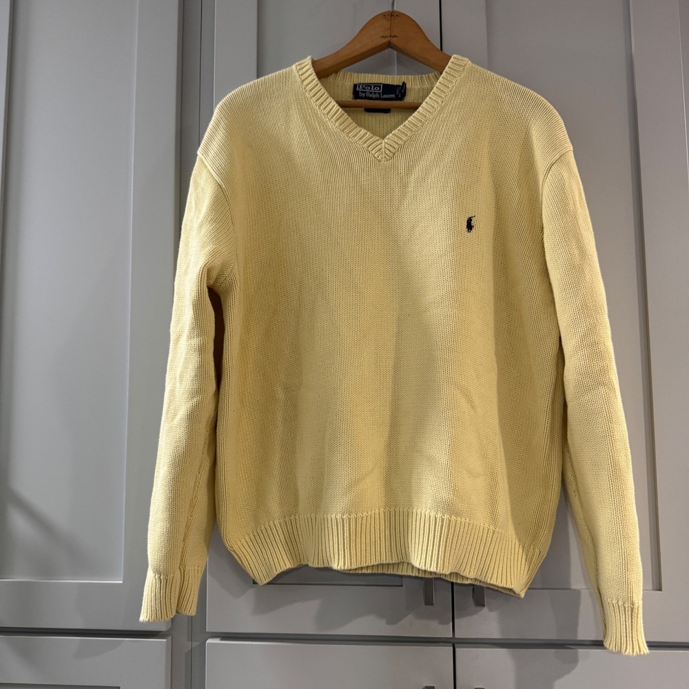 Vintage Polo Ralph Lauren Mens V-Neck Sweater Large Butter Yellow 100% Cotton